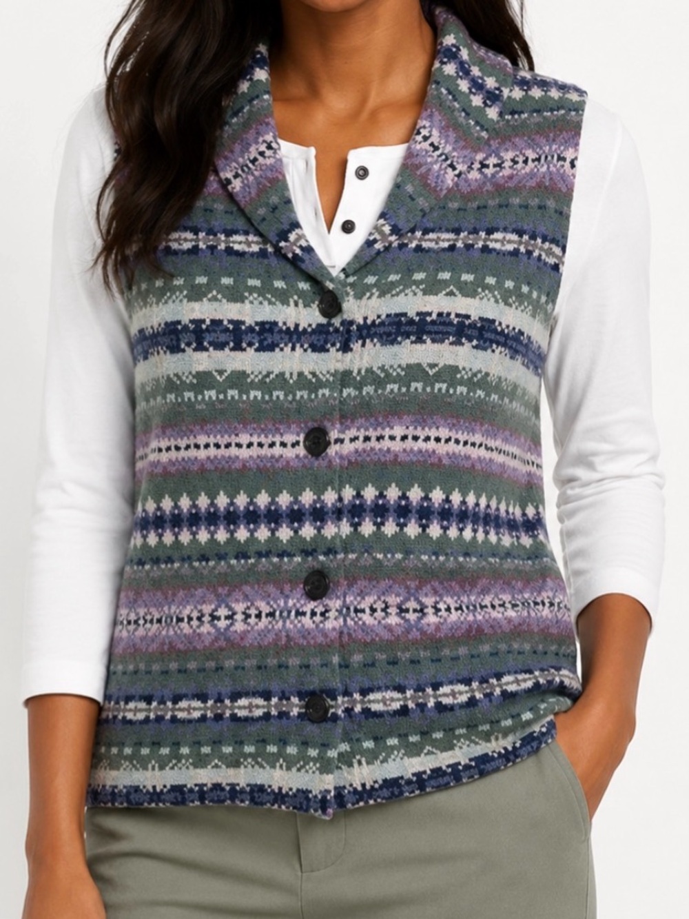 Chaps Fair Isle Knit Vest Button Front Shawl Collar Green Purple XS Petite